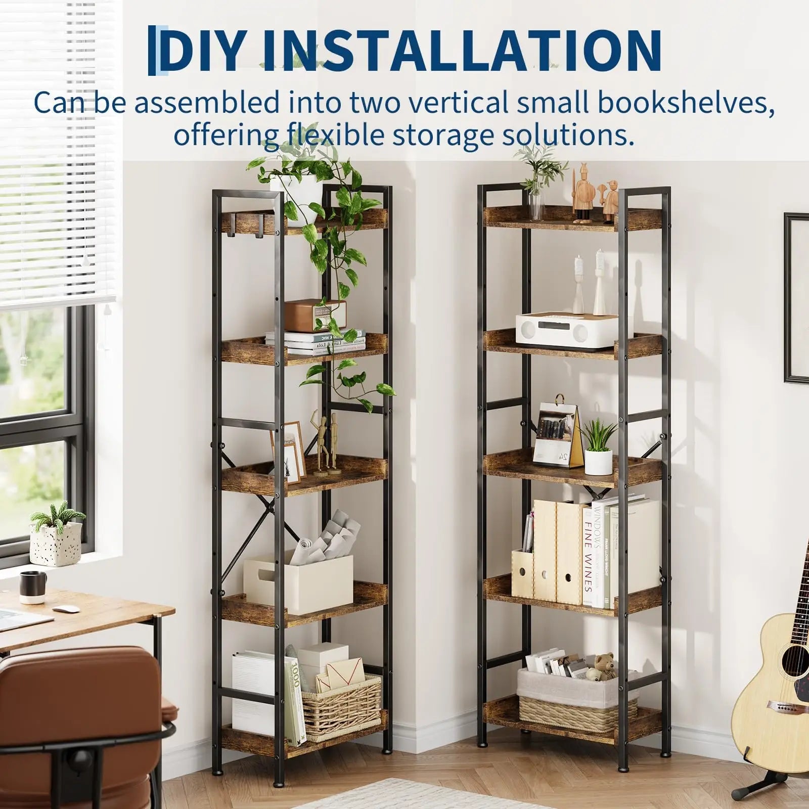 Triple Five Tier Industrial Wooden Bookcase Storage Rack
