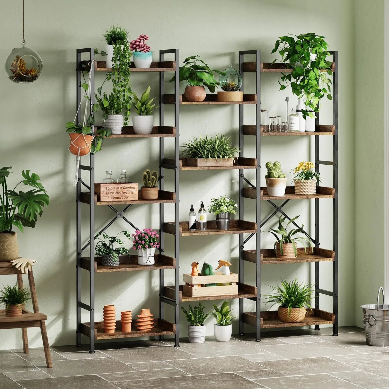 Triple Five Tier Industrial Wooden Bookcase Storage Rack