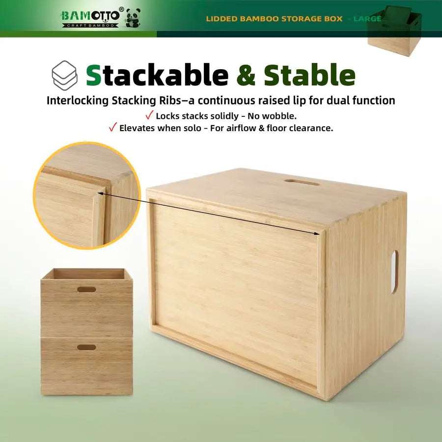 Lidded Stackable Bamboo Storage Bins with Handles