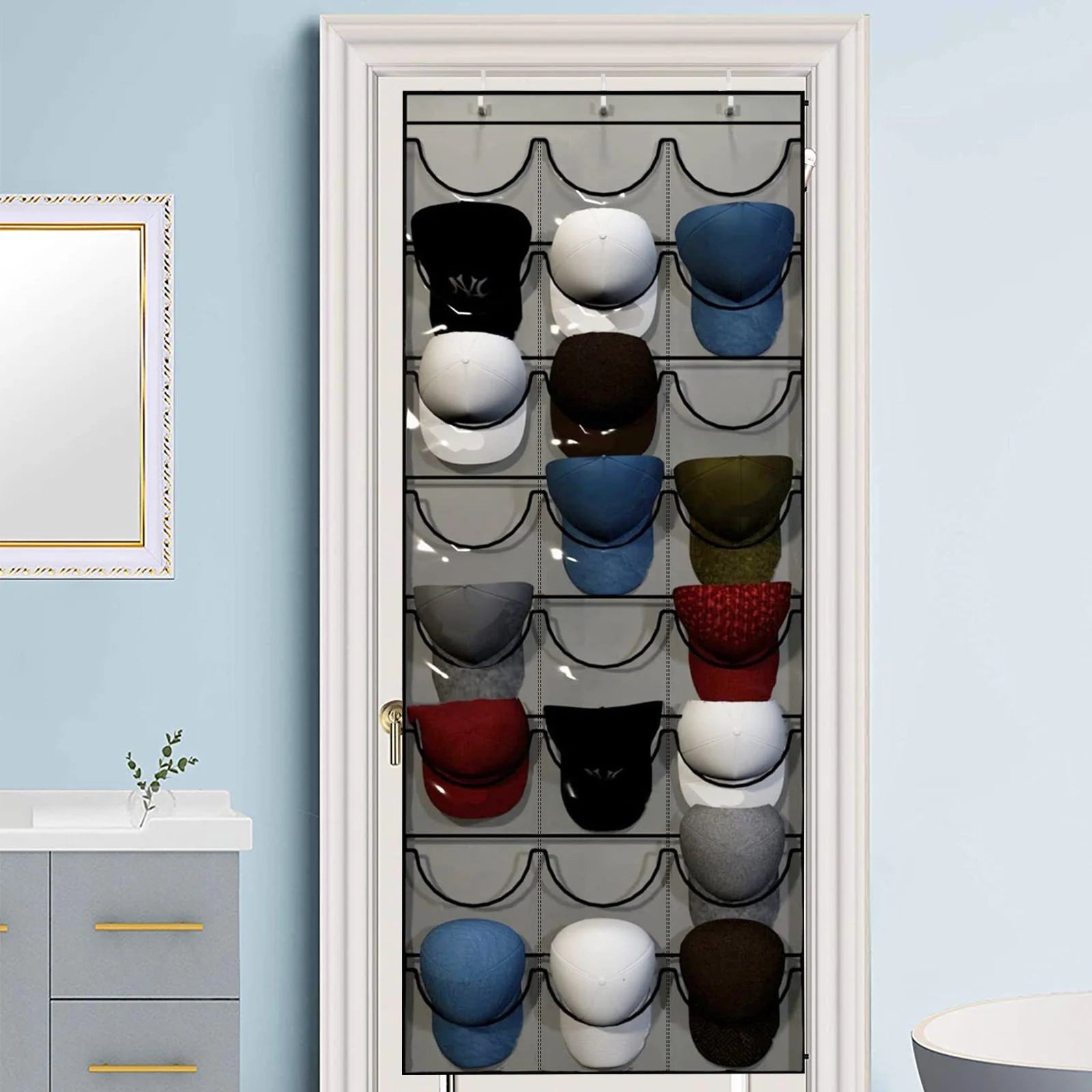Three Hook Wall Hanging Hat Organizer with 24 Deep Pockets