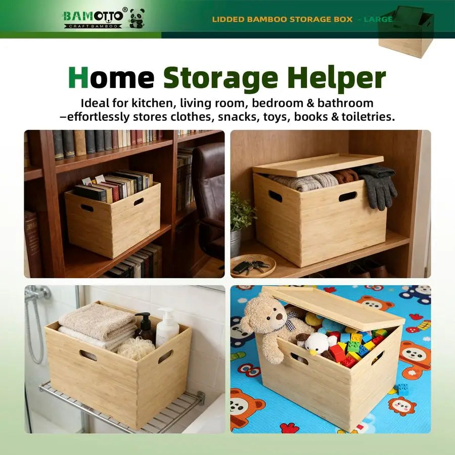 Lidded Stackable Bamboo Storage Bins with Handles