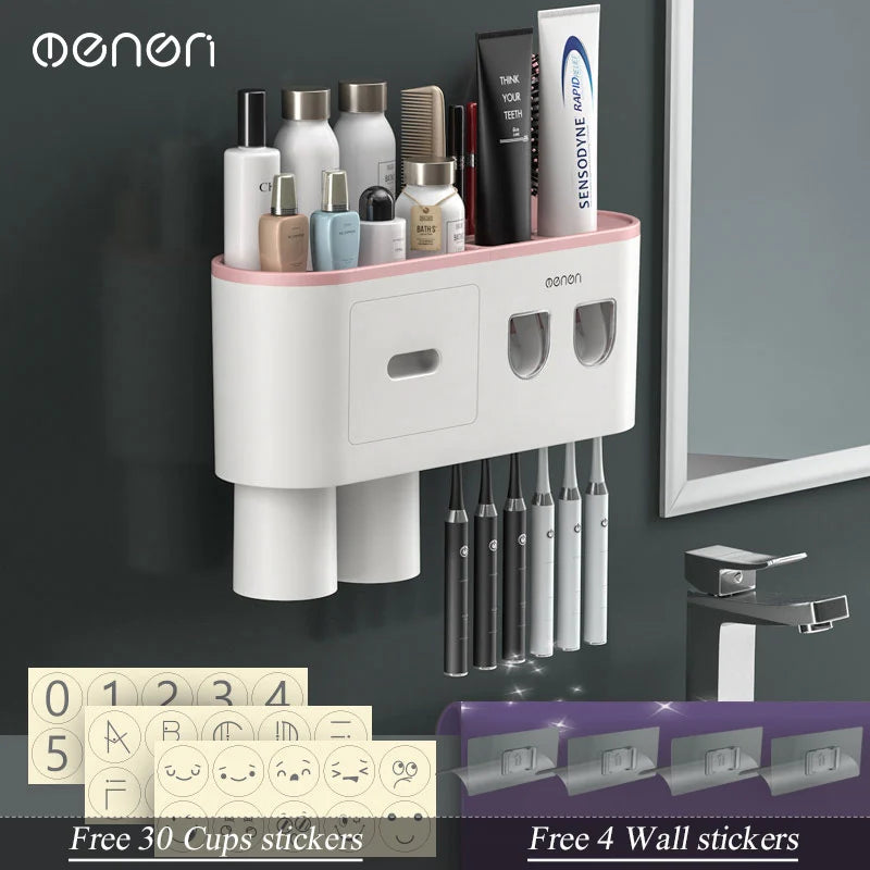 Magnetic Adsorption Inverted Toothbrush Holder with Automatic Toothpaste Dispenser