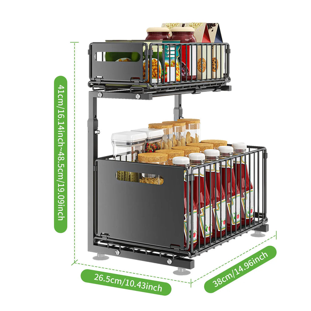 Two Tier Height Adjustable Metal Pull Out Rack Organizer with Sliding Mesh Drawers