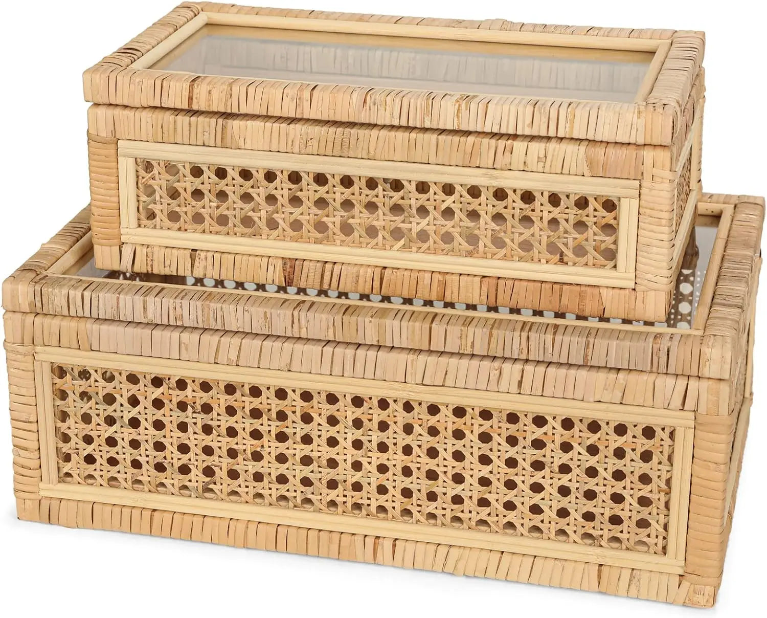 Handwoven Rattan Display Boxes with Glass Lids