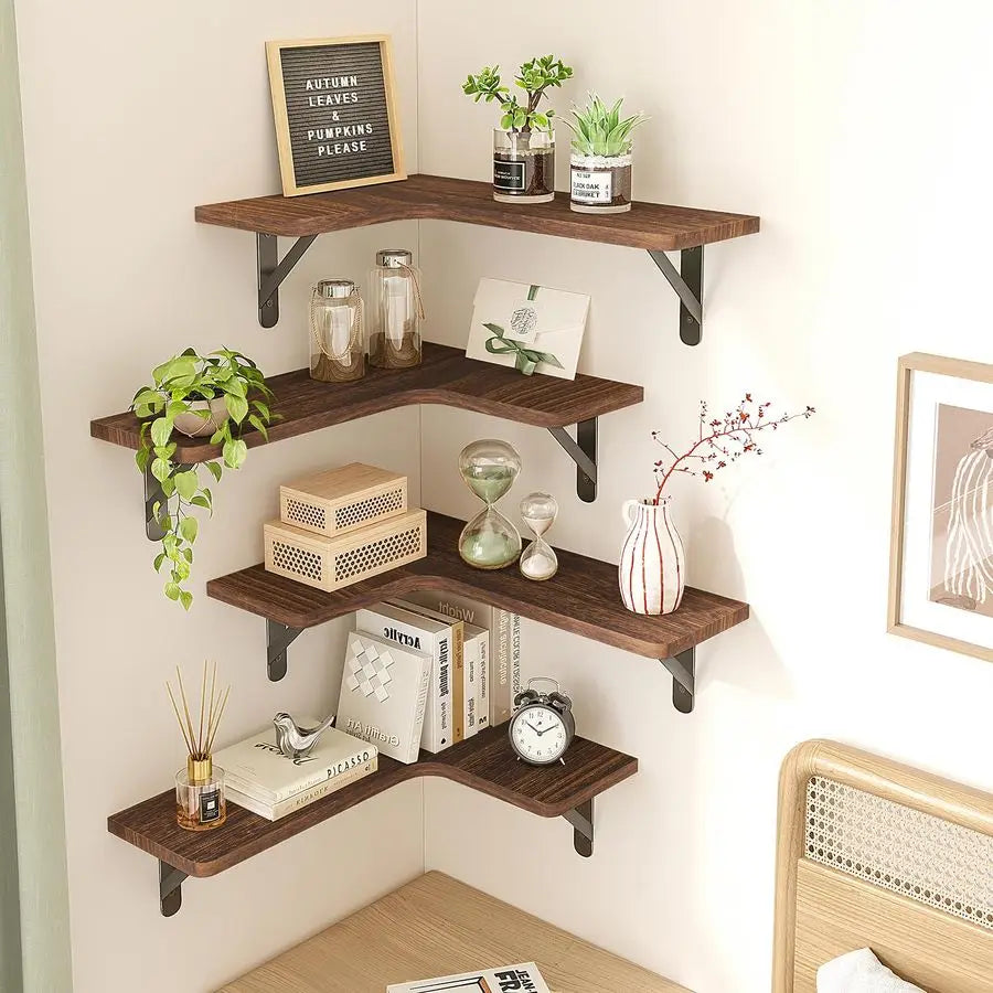 Rustic Wood Wall Mounted Floating Corner Shelving