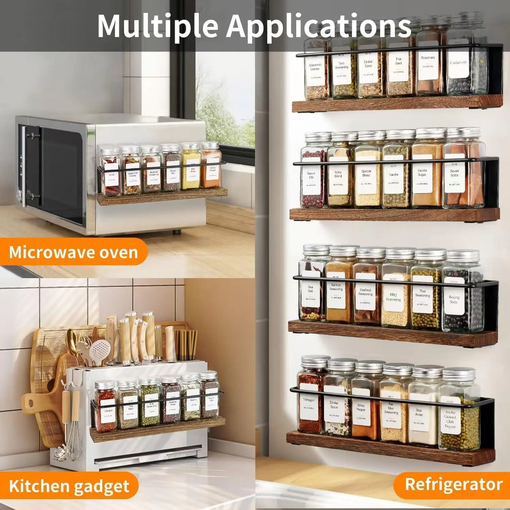 Magnetic Spice Rack with 24 Glass Jars, 216 Labels, & Steel Funnel for Easy Pouring