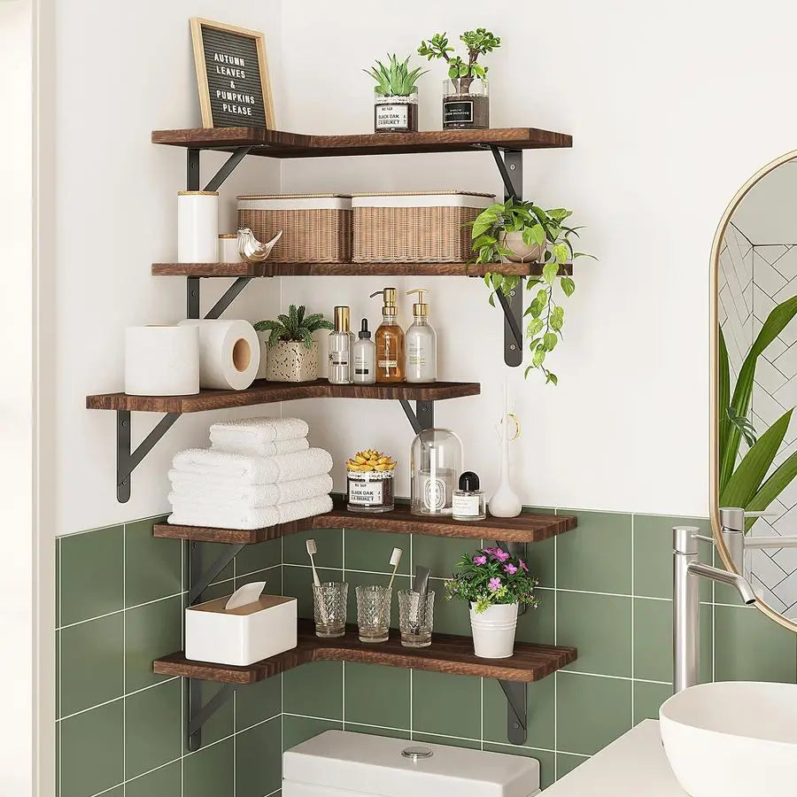 Rustic Wood Wall Mounted Floating Corner Shelving