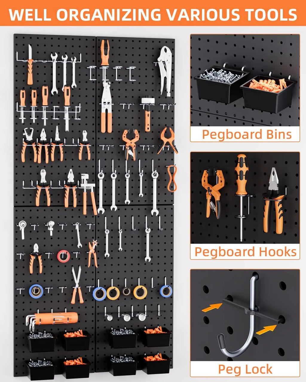 158PCS Metal Pegboard Wall Mounted Tool & Hardware Organizer