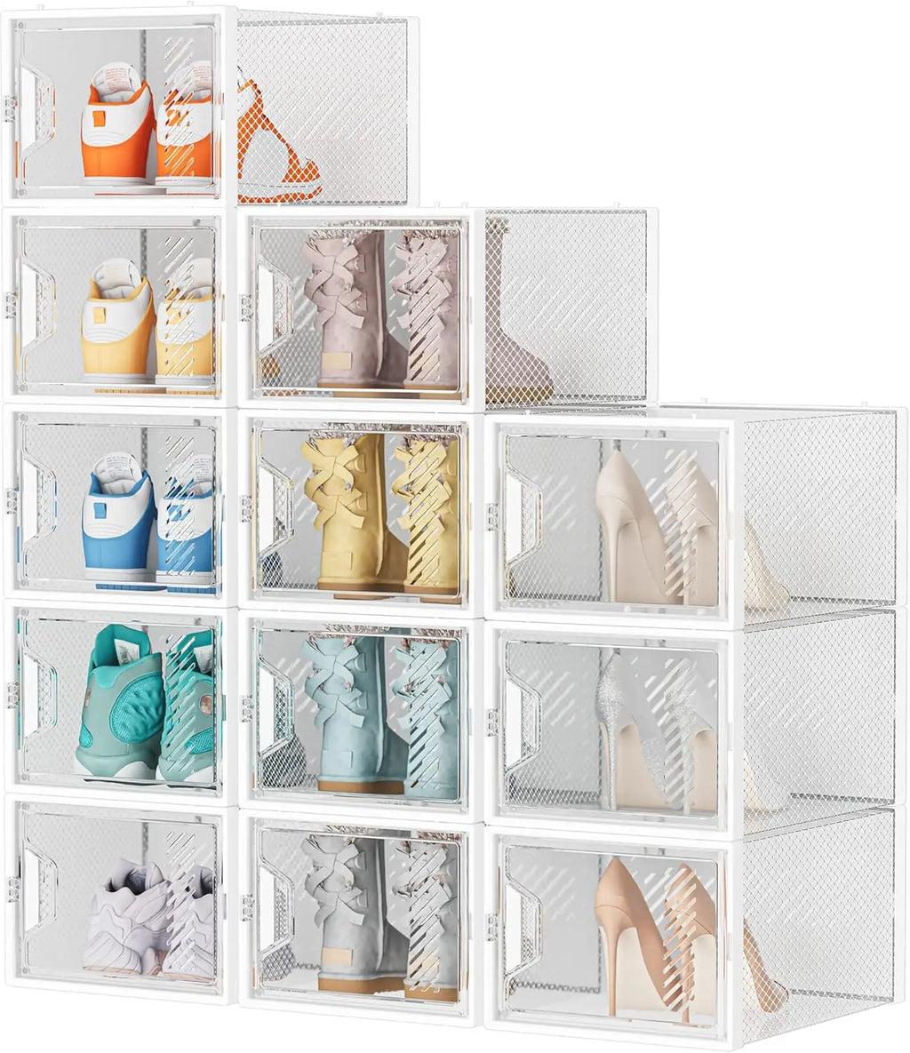 12 Pack Clear Plastic Stackable Shoe Storage Boxes with Magnetic Doors