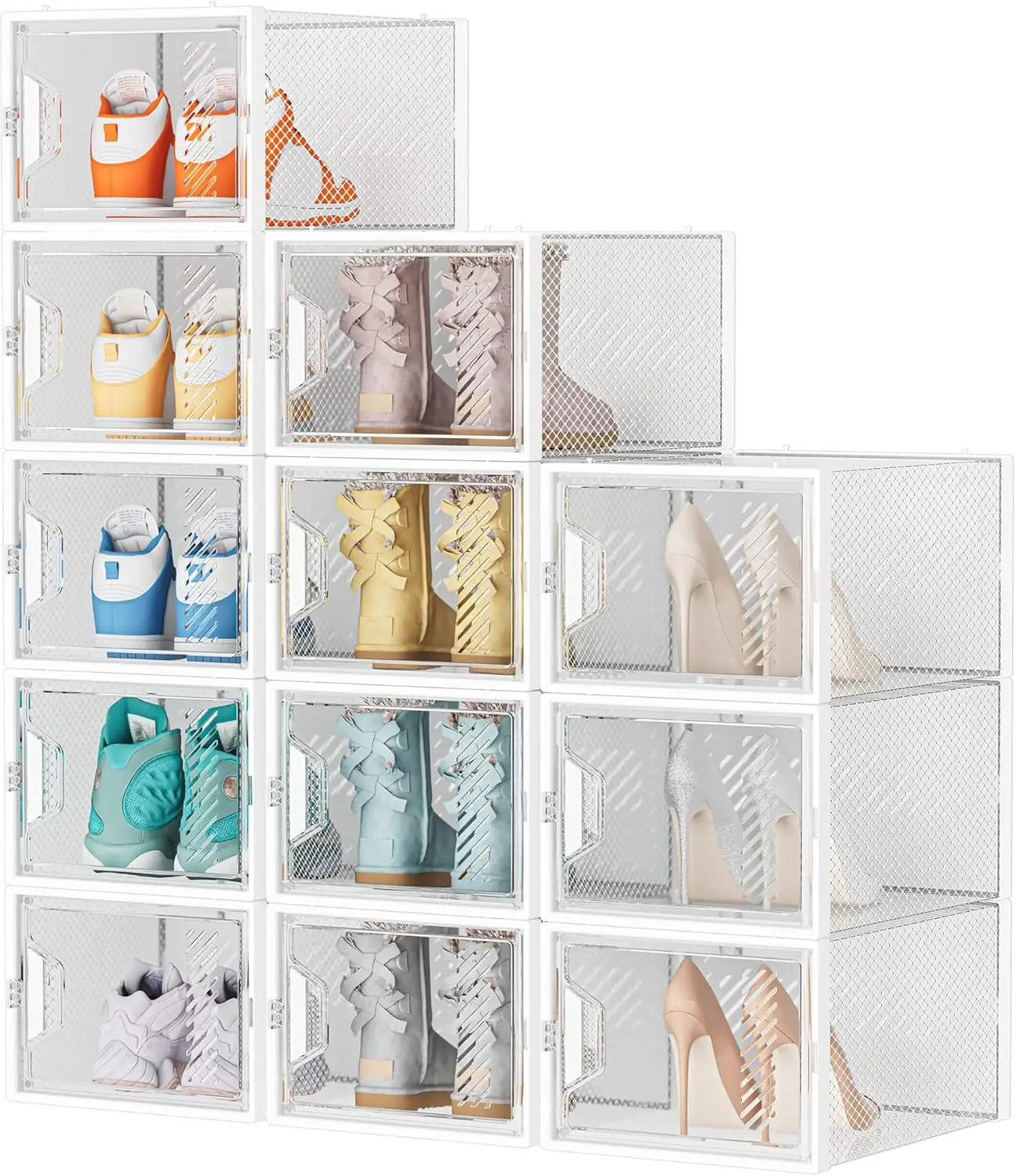 12 Pack Clear Plastic Stackable Shoe Storage Boxes with Magnetic Doors