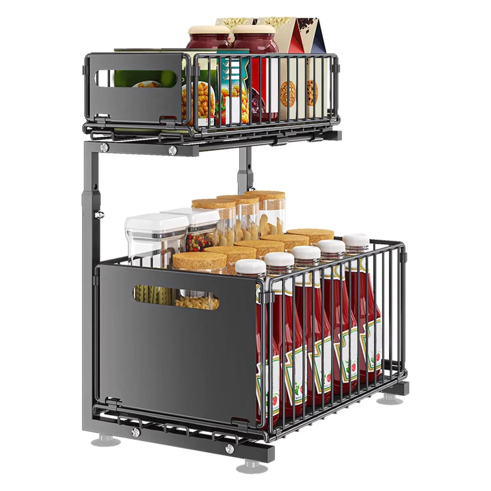 Two Tier Height Adjustable Metal Pull Out Rack Organizer with Sliding Mesh Drawers