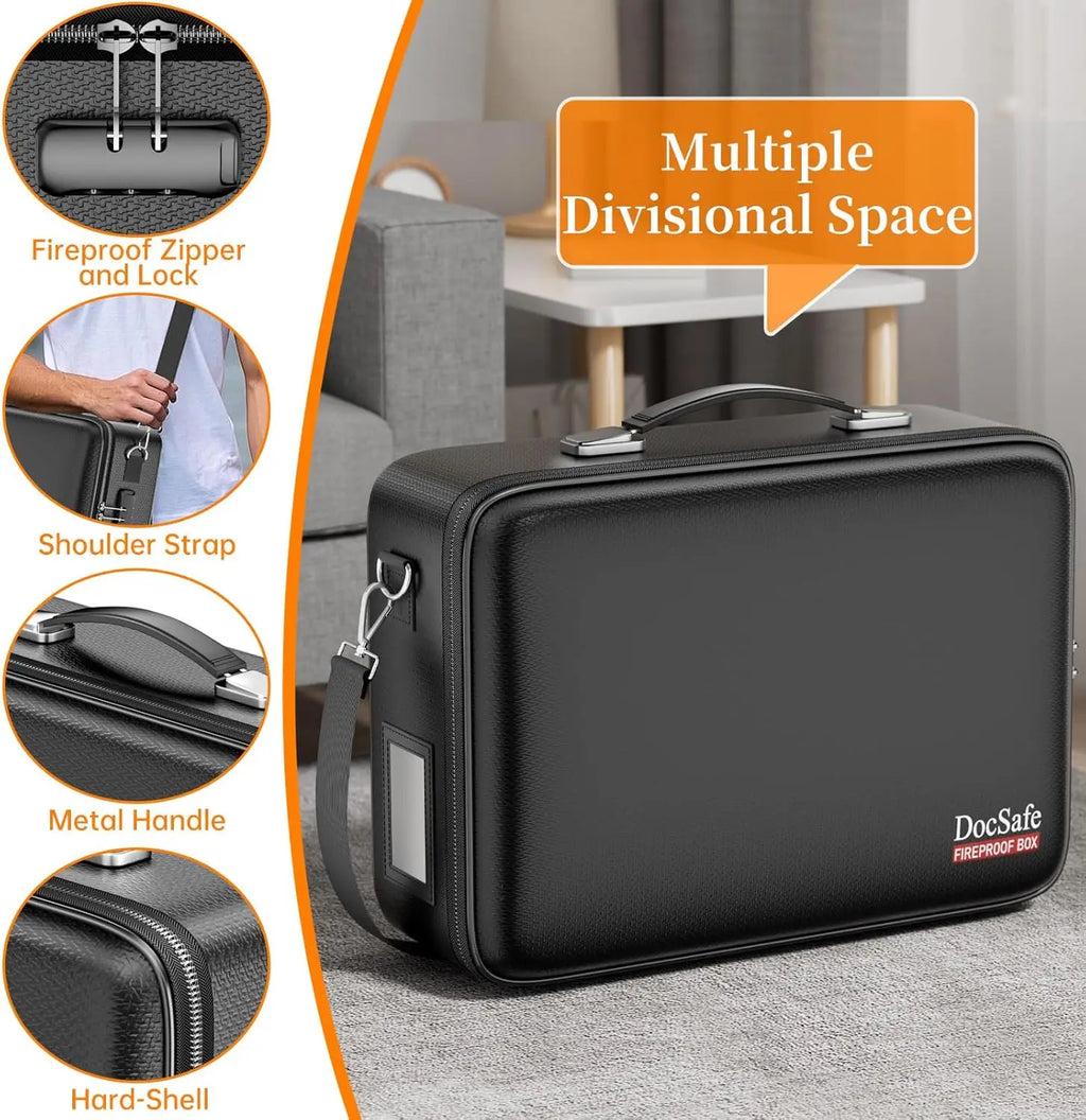 Fireproof Document Box with Lock & Shoulder Strap