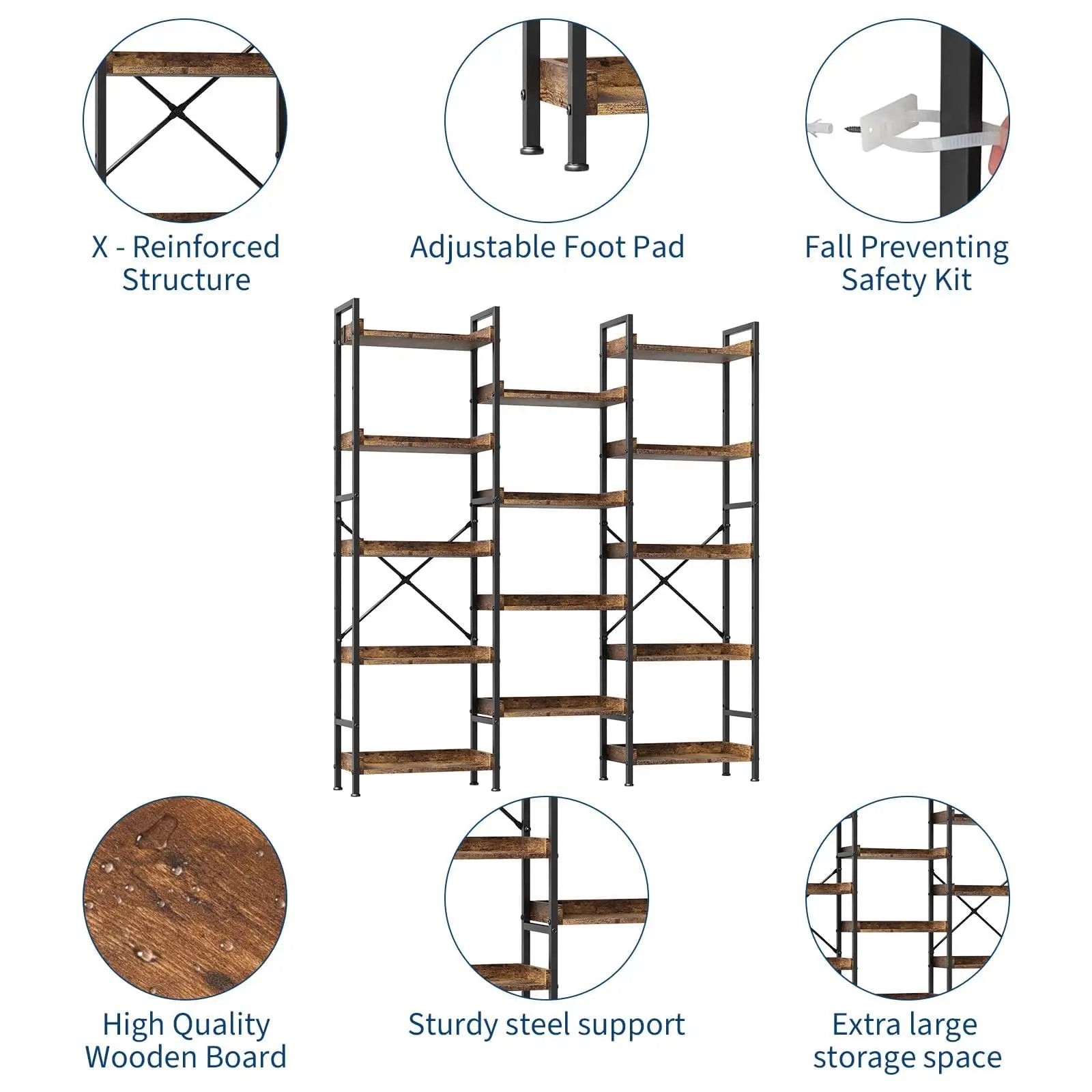 Triple Five Tier Industrial Wooden Bookcase Storage Rack
