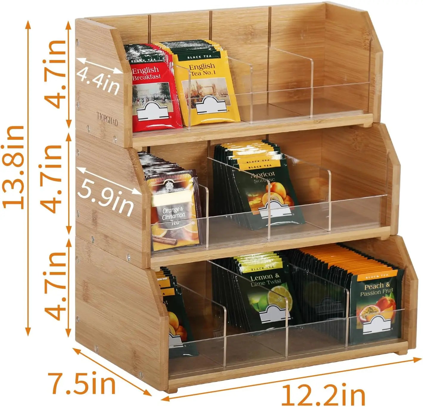 Three Tier Bamboo Tea Bag Organizer with Adjustable Compartments