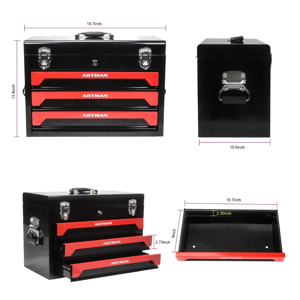 3 Drawer Portable Metal Tool Box with EVC Liner and Lock