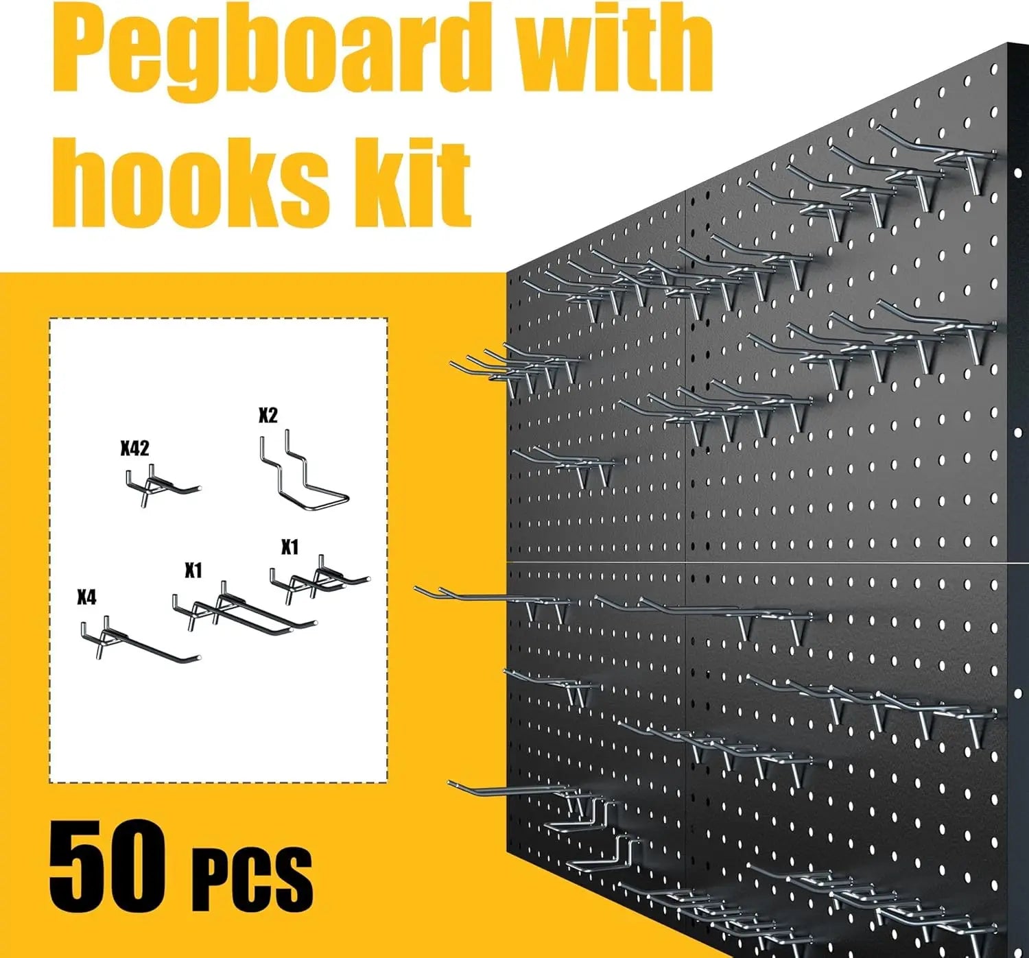 4-Pack Wall Mounted Black Metal Pegboard Panels with 50 Hooks,