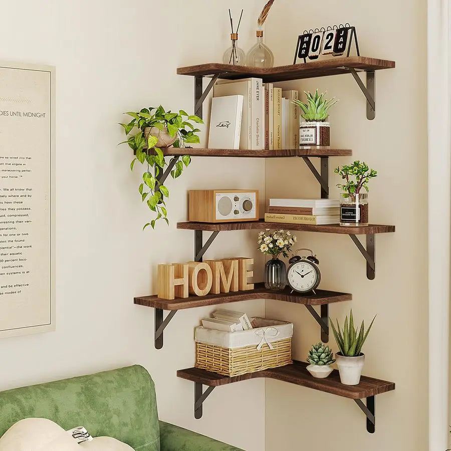 Rustic Wood Wall Mounted Floating Corner Shelving