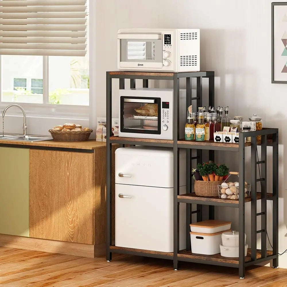 Six Tier Kitchen Storage Cabinet with Power Outlet, Baker's Rack, Mini Fridge & Microwave Stand, Coffee Bar