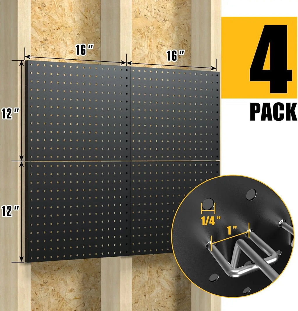 4-Pack Wall Mounted Black Metal Pegboard Panels with 50 Hooks,