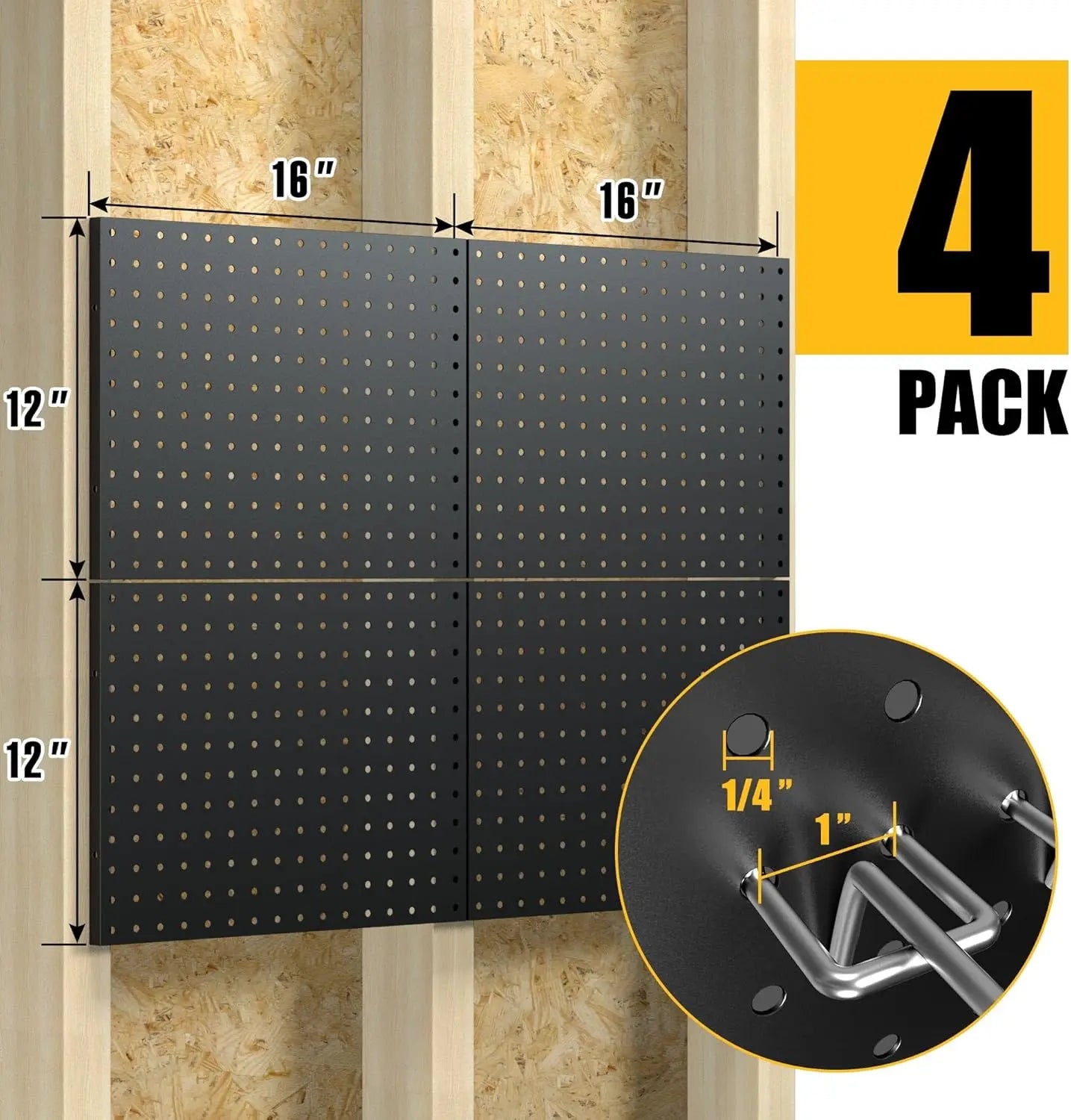 4-Pack Wall Mounted Black Metal Pegboard Panels with 50 Hooks,
