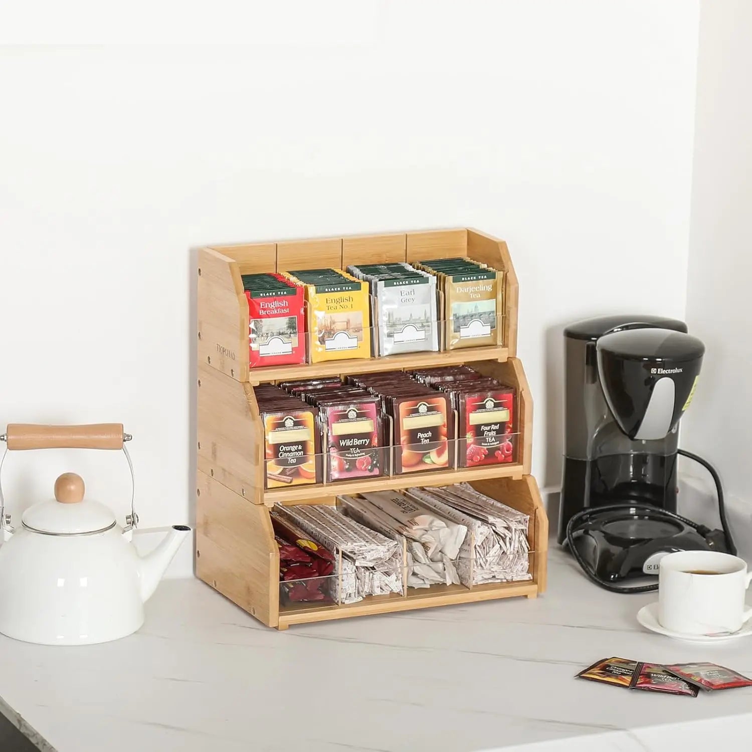 Three Tier Bamboo Tea Bag Organizer with Adjustable Compartments