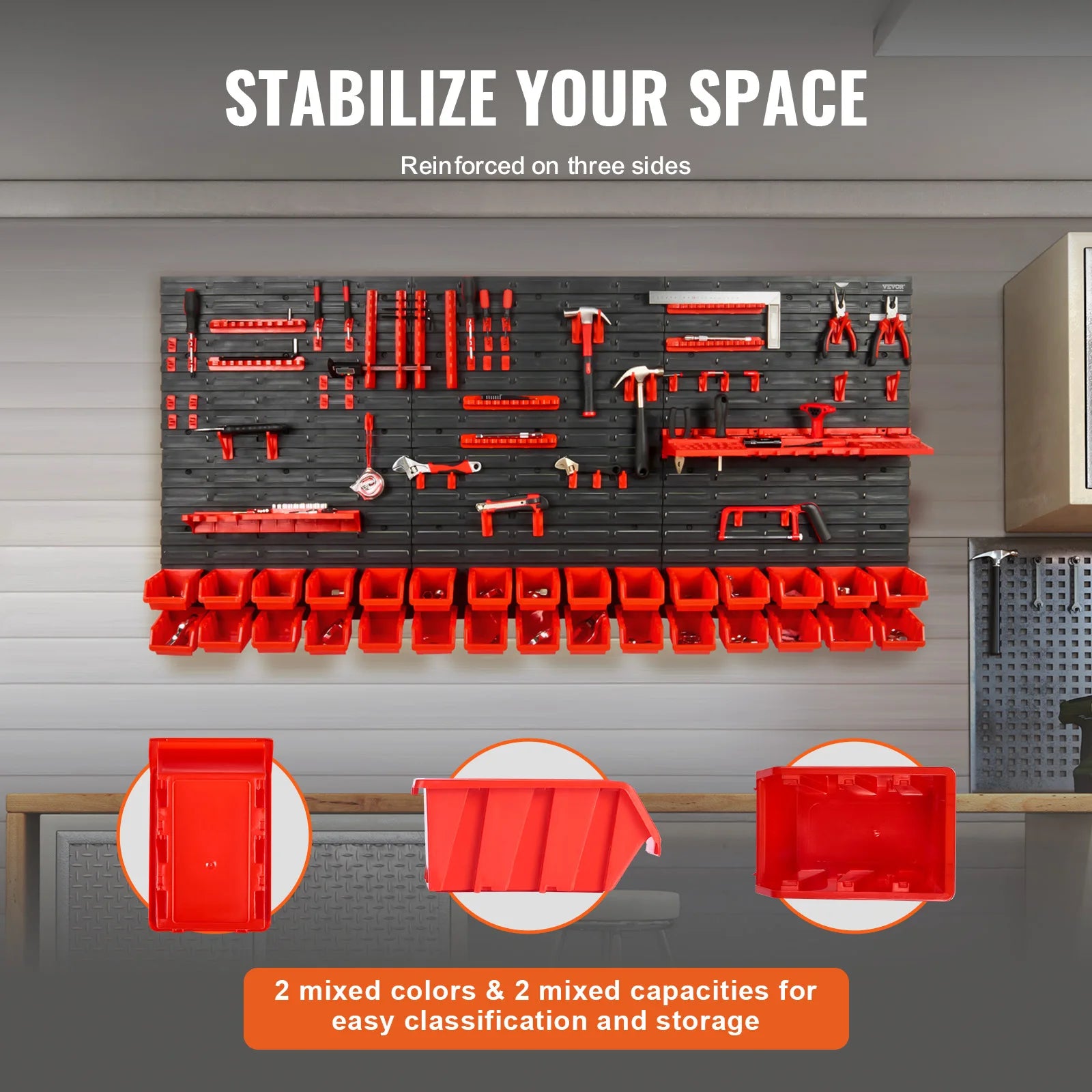 Wall Mounted Peg Board with Storage Bins & Tools/Parts Rack Organizer