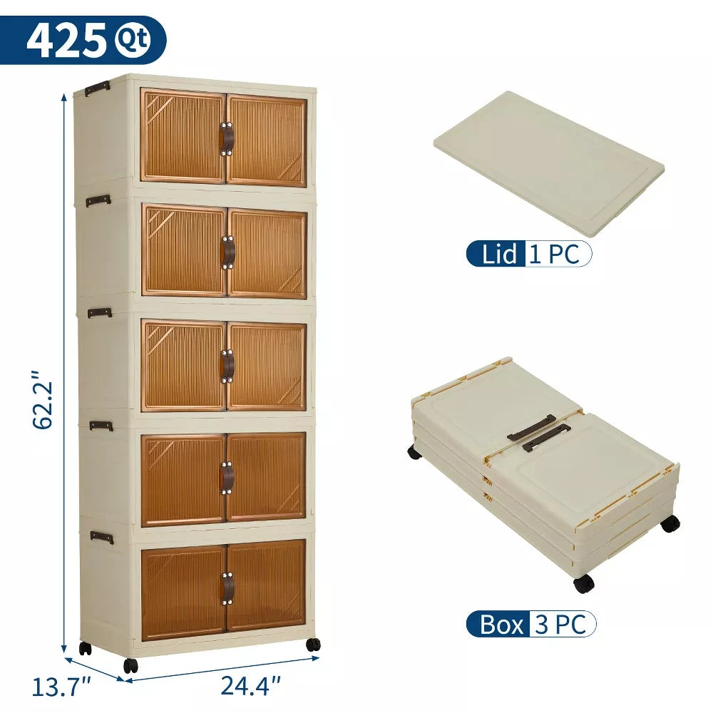 Five Tier Stackable Storage Boxes with Wheels & Folding Drawers