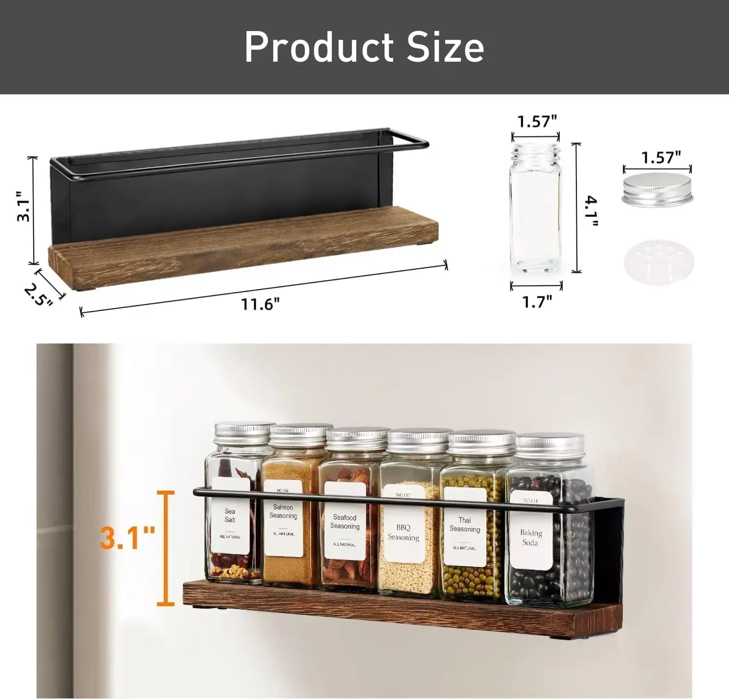 Magnetic Spice Rack with 24 Glass Jars, 216 Labels, & Steel Funnel for Easy Pouring