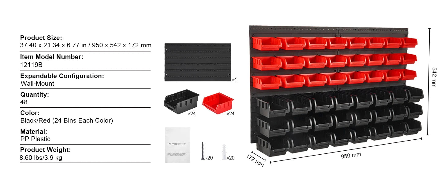 Wall Mounted Peg Board with Storage Bins & Tools/Parts Rack Organizer