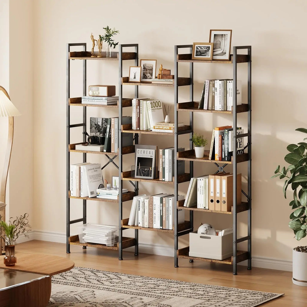 Triple Five Tier Industrial Wooden Bookcase Storage Rack