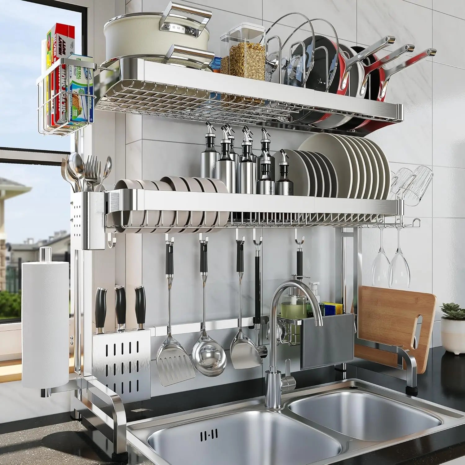 Three Tier Adjustable Stainless Steel Over-Sink Dish Drying Rack